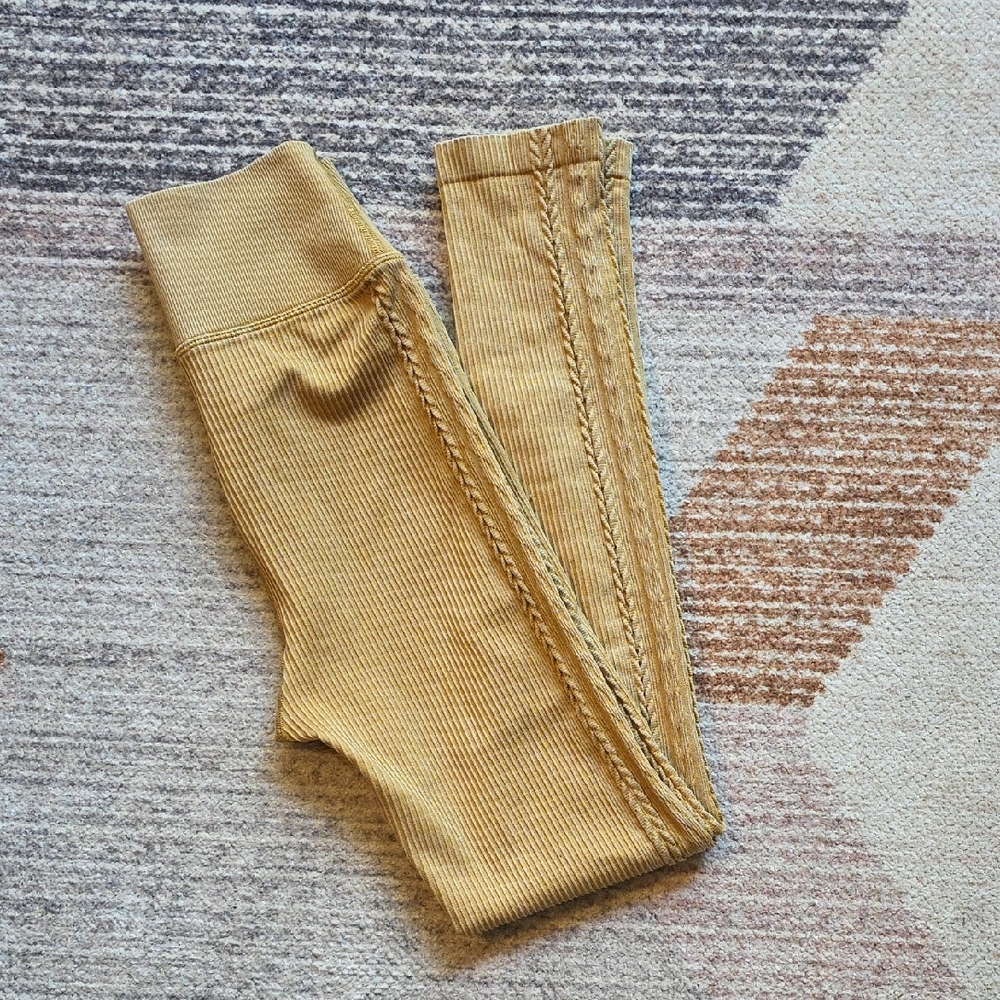 Aerie Mustard Yellow Ribbed Leggings With Braided Detailing Super Soft Small
